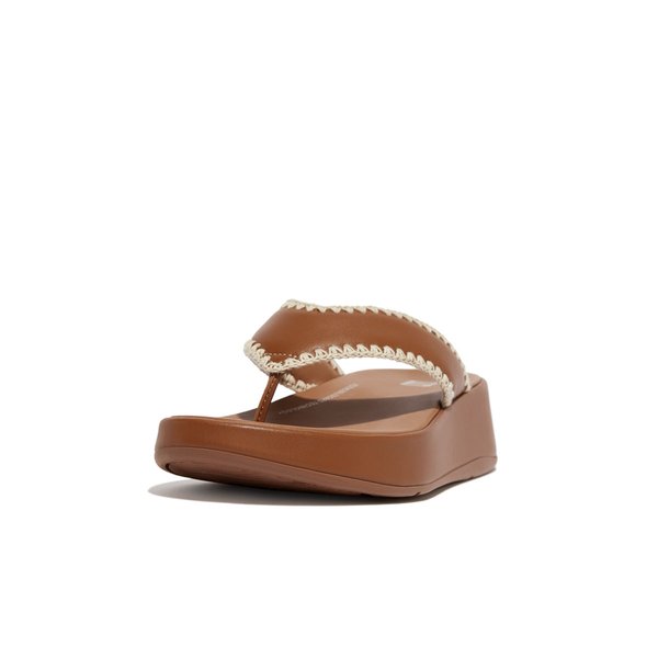 F-MODE Crochet-Stitch Leather Flatform Toe-Post Sandals