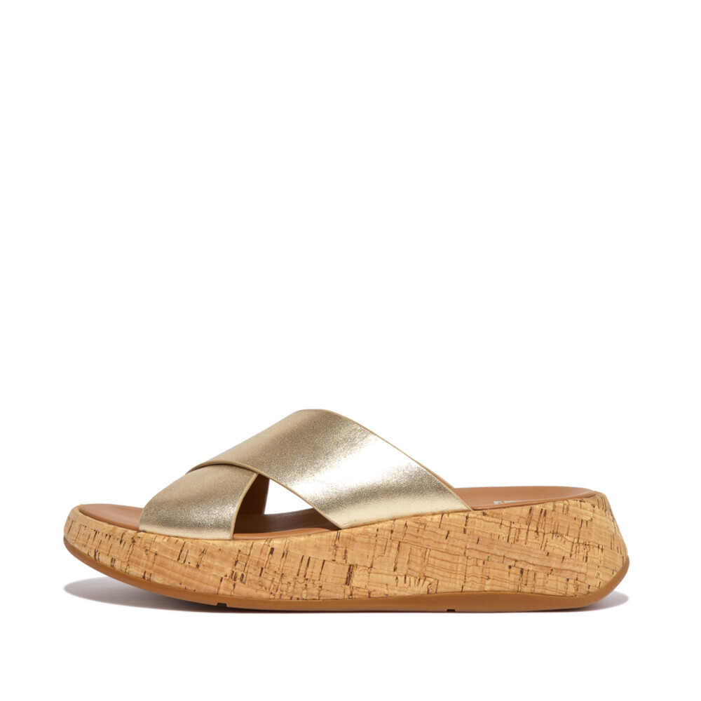 F MODE Women s Metallic Leather Cork Flatform Cross Slides