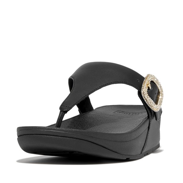 LULU Crystal-Buckle Leather Toe-Post Sandals 