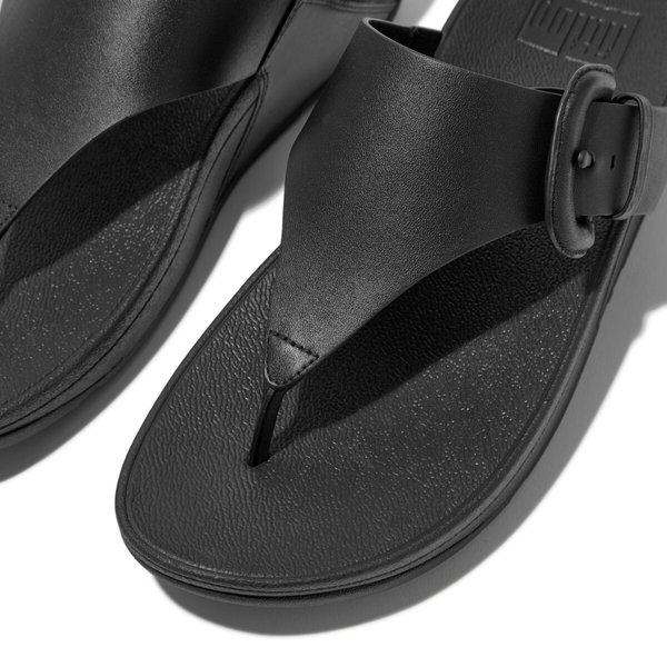 LULU Covered-Buckle Raw-Edge Leather Toe-Post Sandals