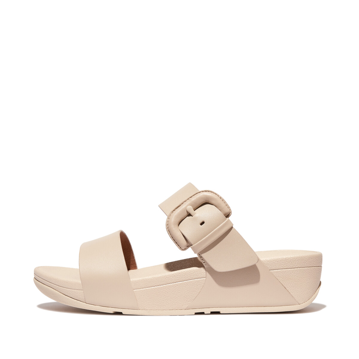 LULU Covered-Buckle Raw-Edge Leather Slides - Stone Beige (HN1-A20)