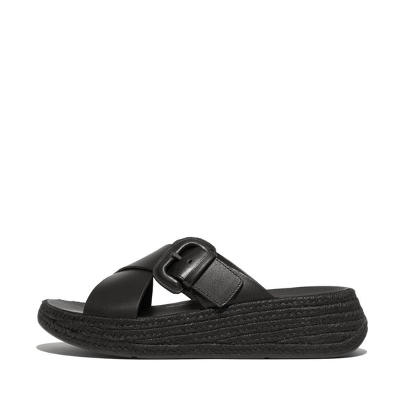 F-MODE Espadrille Buckle Leather Flatform Slides