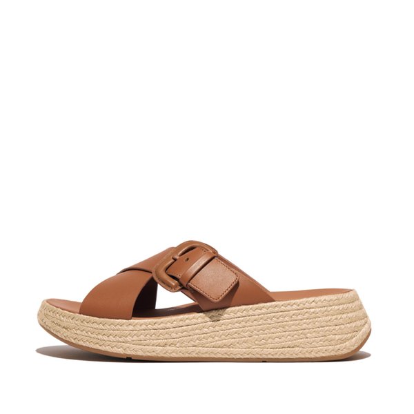 F-MODE Espadrille Buckle Leather Flatform Slides 