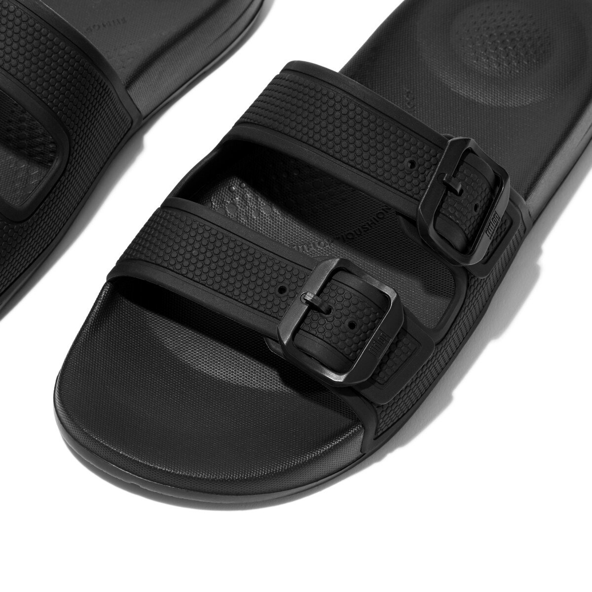 FitFlop iQUSHION Two-Bar Buckle Slides All Black close up