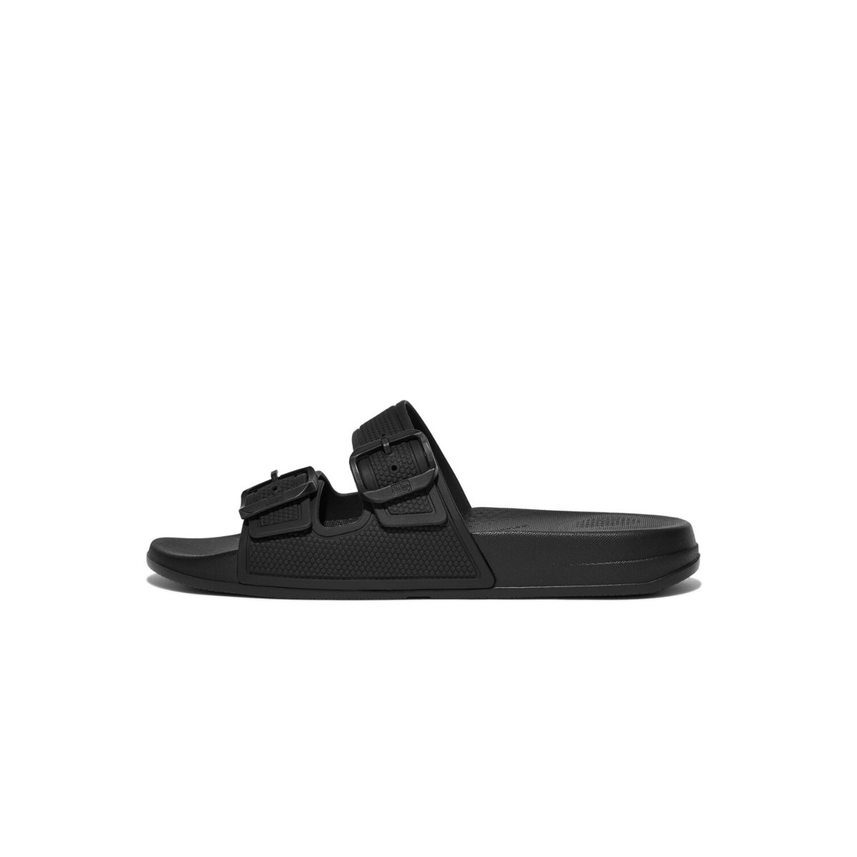 FitFlop iQUSHION Two-Bar Buckle Slides All Black front view